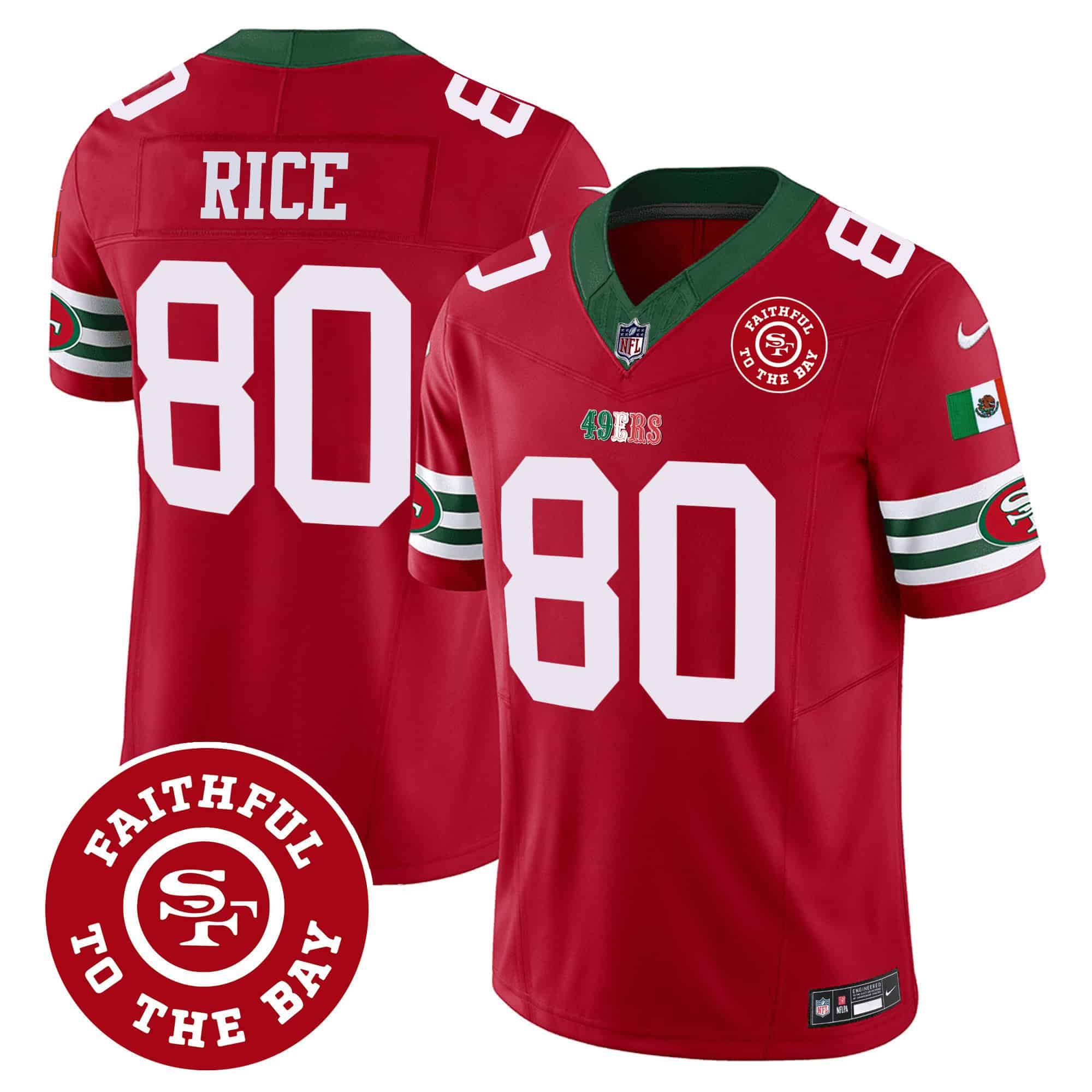 Men San Francisco 49ers 80 Rice Red 2024 Nike Mexico Faithful To The Bay Patch Vapor NFL Jersey